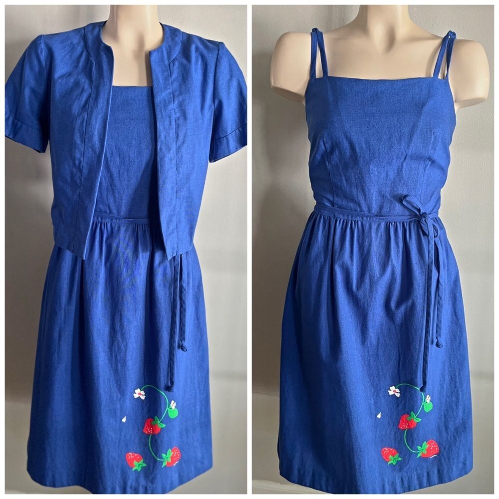 Vintage Malia Honolulu Strawberry Dress Bolero Set 70s Blue XS-S